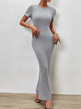 Solid Bodycon Maxi Dress with Short Sleeves