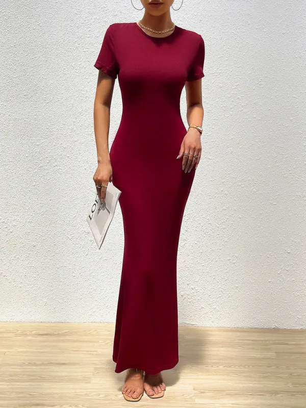 Solid Bodycon Maxi Dress with Short Sleeves