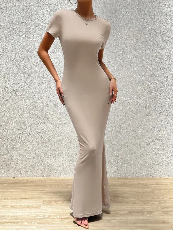Solid Bodycon Maxi Dress with Short Sleeves