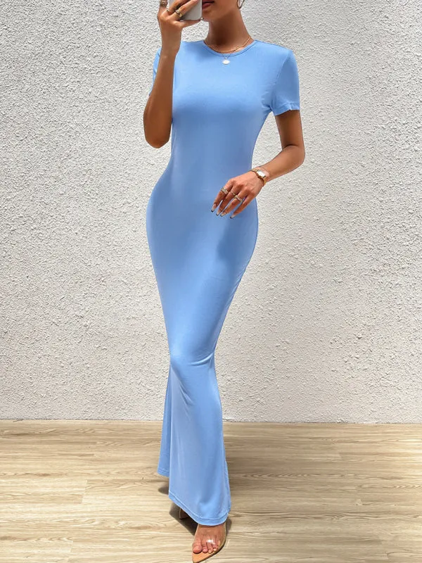 Solid Bodycon Maxi Dress with Short Sleeves