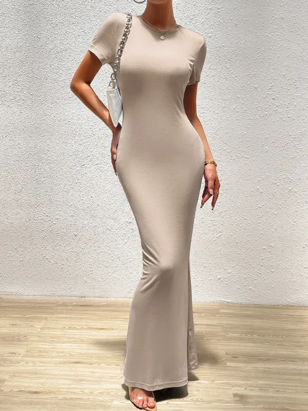 Solid Bodycon Maxi Dress with Short Sleeves
