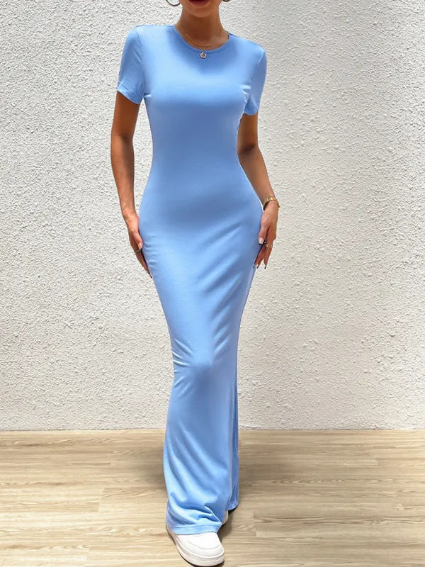 Solid Bodycon Maxi Dress with Short Sleeves