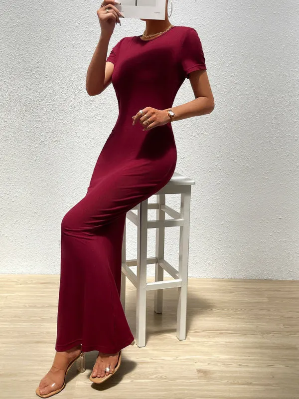 Solid Bodycon Maxi Dress with Short Sleeves