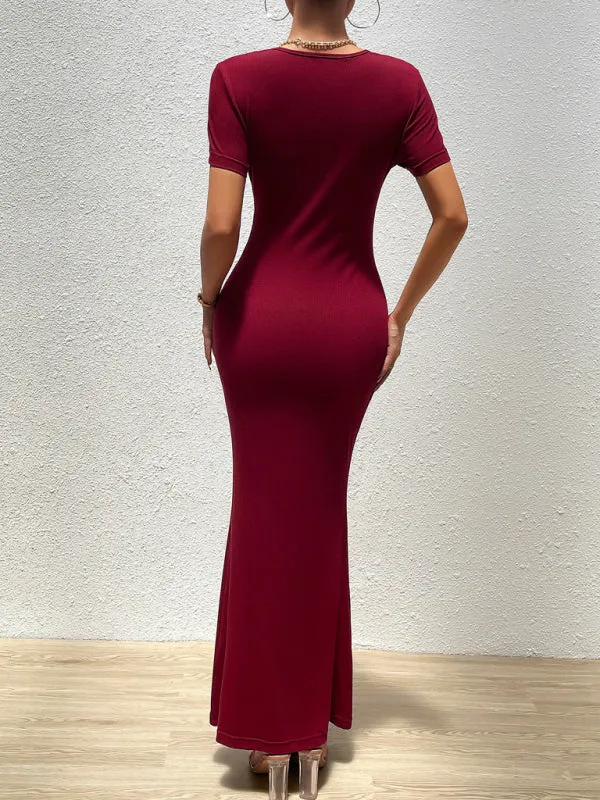 Solid Bodycon Maxi Dress with Short Sleeves