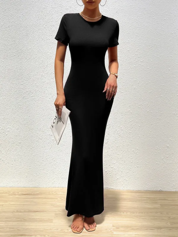Solid Bodycon Maxi Dress with Short Sleeves