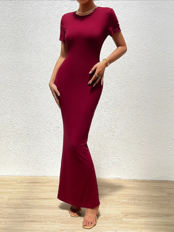 Solid Bodycon Maxi Dress with Short Sleeves