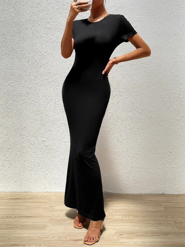 Solid Bodycon Maxi Dress with Short Sleeves