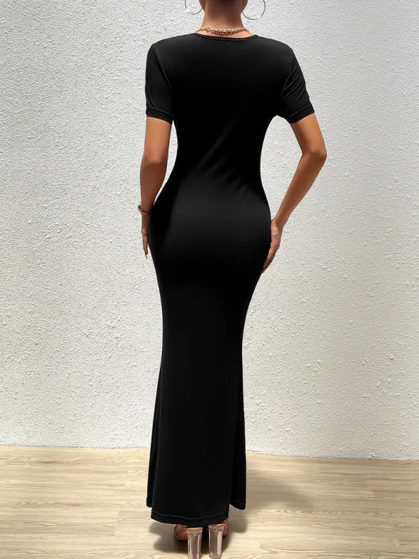 Solid Bodycon Maxi Dress with Short Sleeves