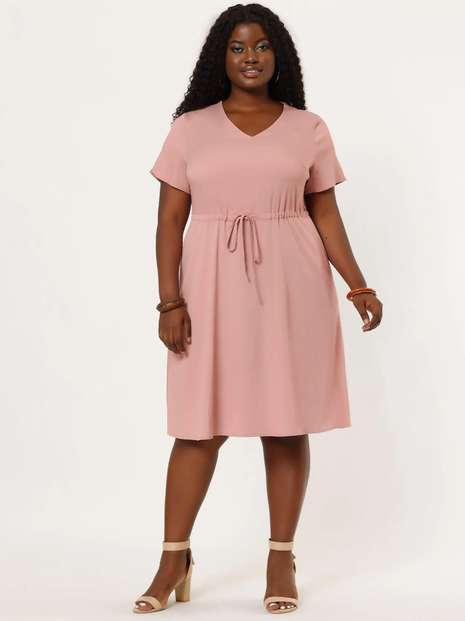 Spandex V Neck Elastic Waist Plus Size Denim Dress