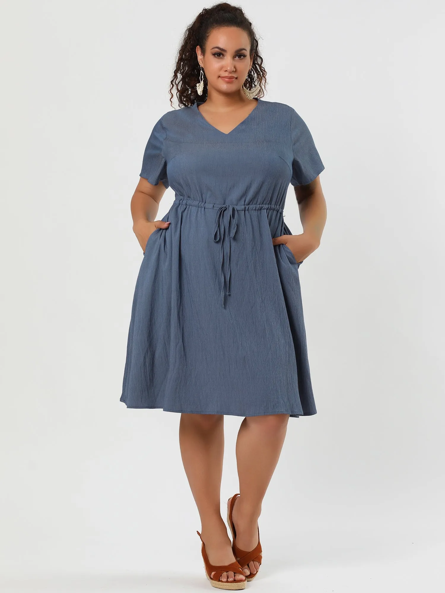 Spandex V Neck Elastic Waist Plus Size Denim Dress
