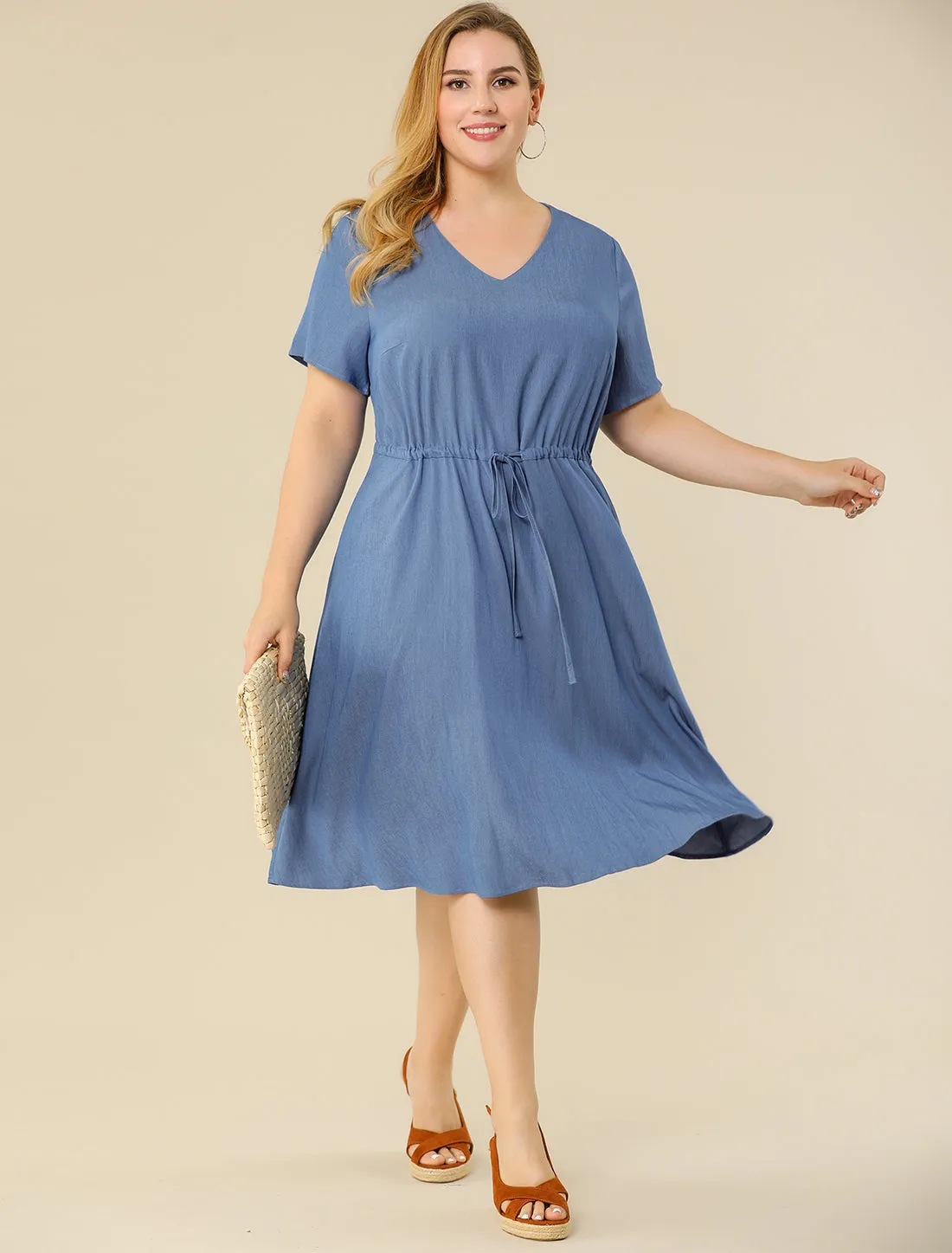 Spandex V Neck Elastic Waist Plus Size Denim Dress