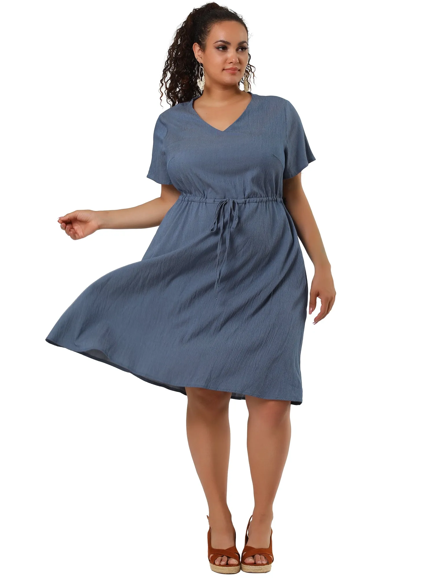 Spandex V Neck Elastic Waist Plus Size Denim Dress