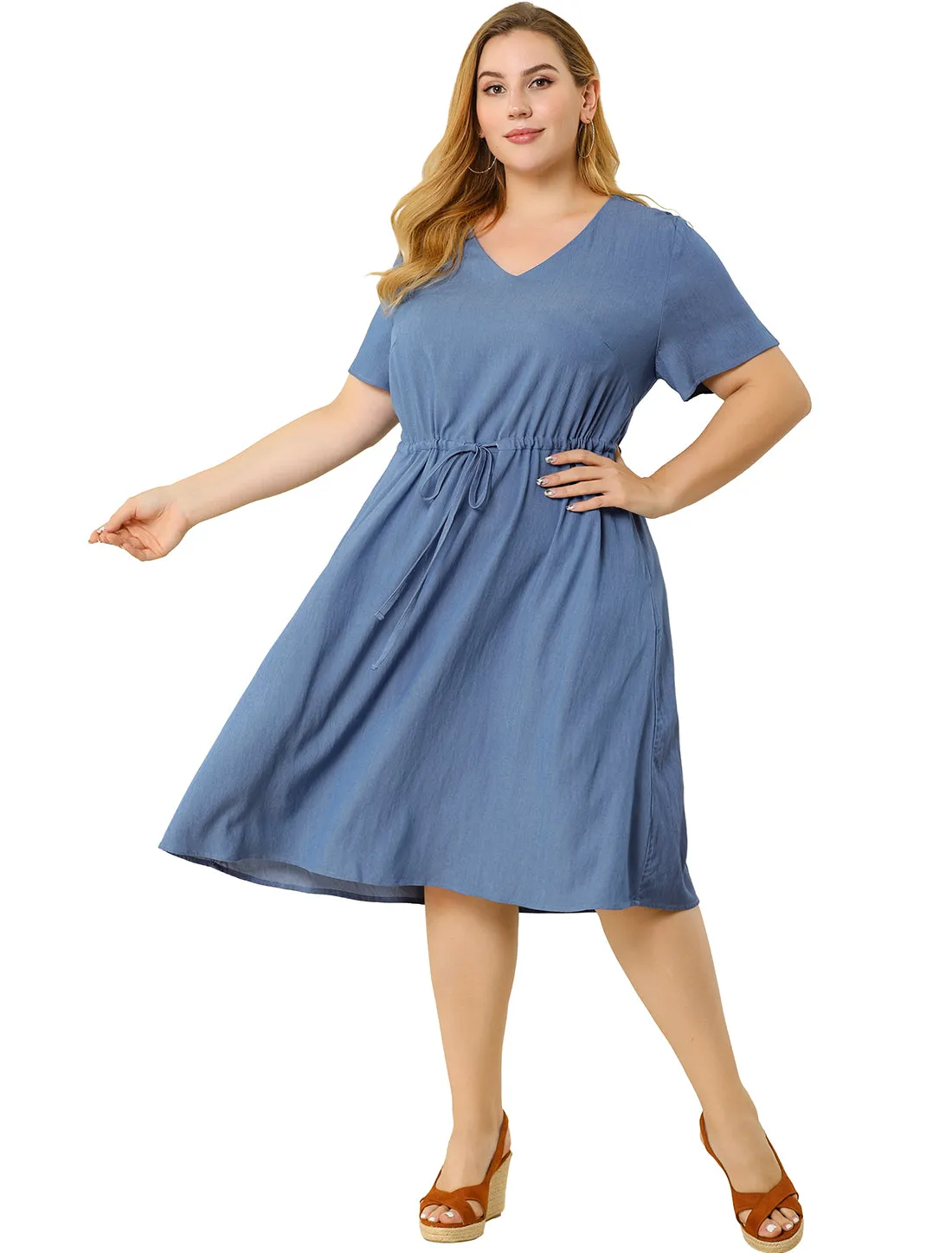 Spandex V Neck Elastic Waist Plus Size Denim Dress