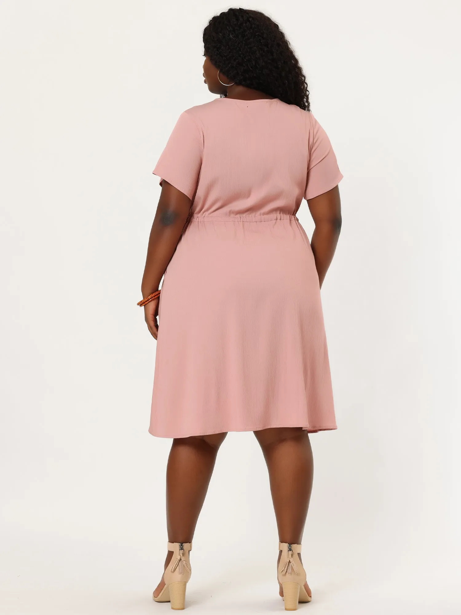 Spandex V Neck Elastic Waist Plus Size Denim Dress
