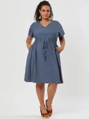 Spandex V Neck Elastic Waist Plus Size Denim Dress
