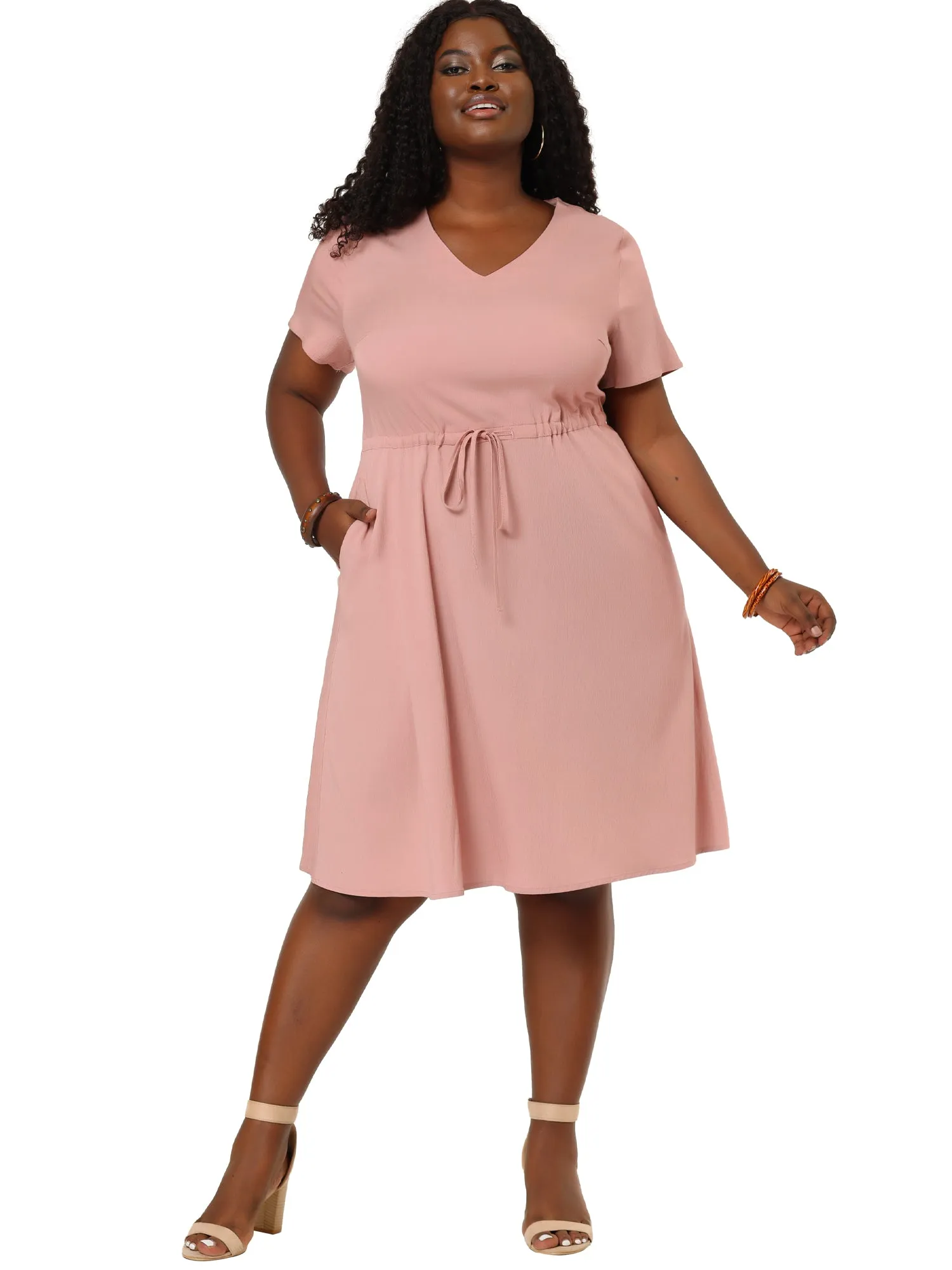 Spandex V Neck Elastic Waist Plus Size Denim Dress