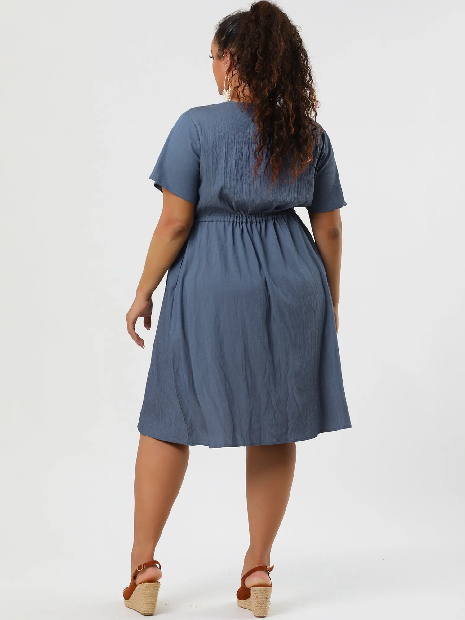 Spandex V Neck Elastic Waist Plus Size Denim Dress
