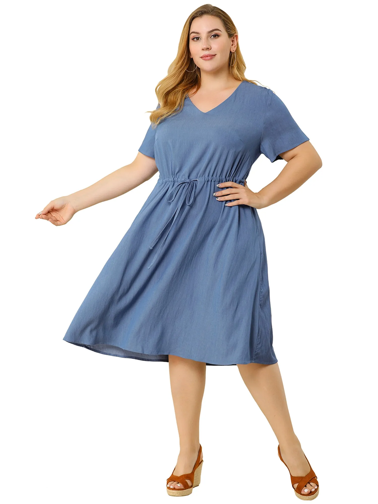 Spandex V Neck Elastic Waist Plus Size Denim Dress