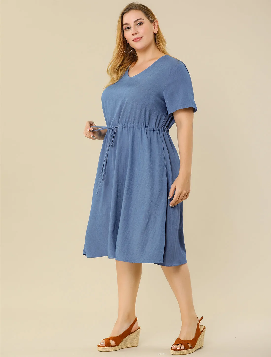 Spandex V Neck Elastic Waist Plus Size Denim Dress