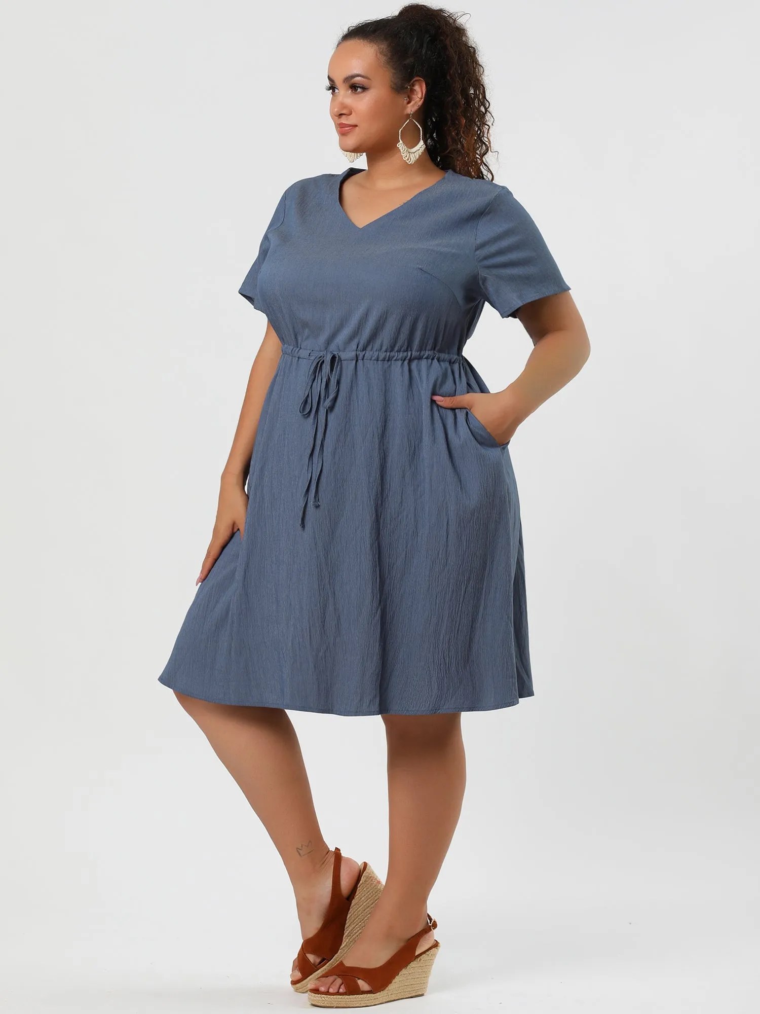 Spandex V Neck Elastic Waist Plus Size Denim Dress