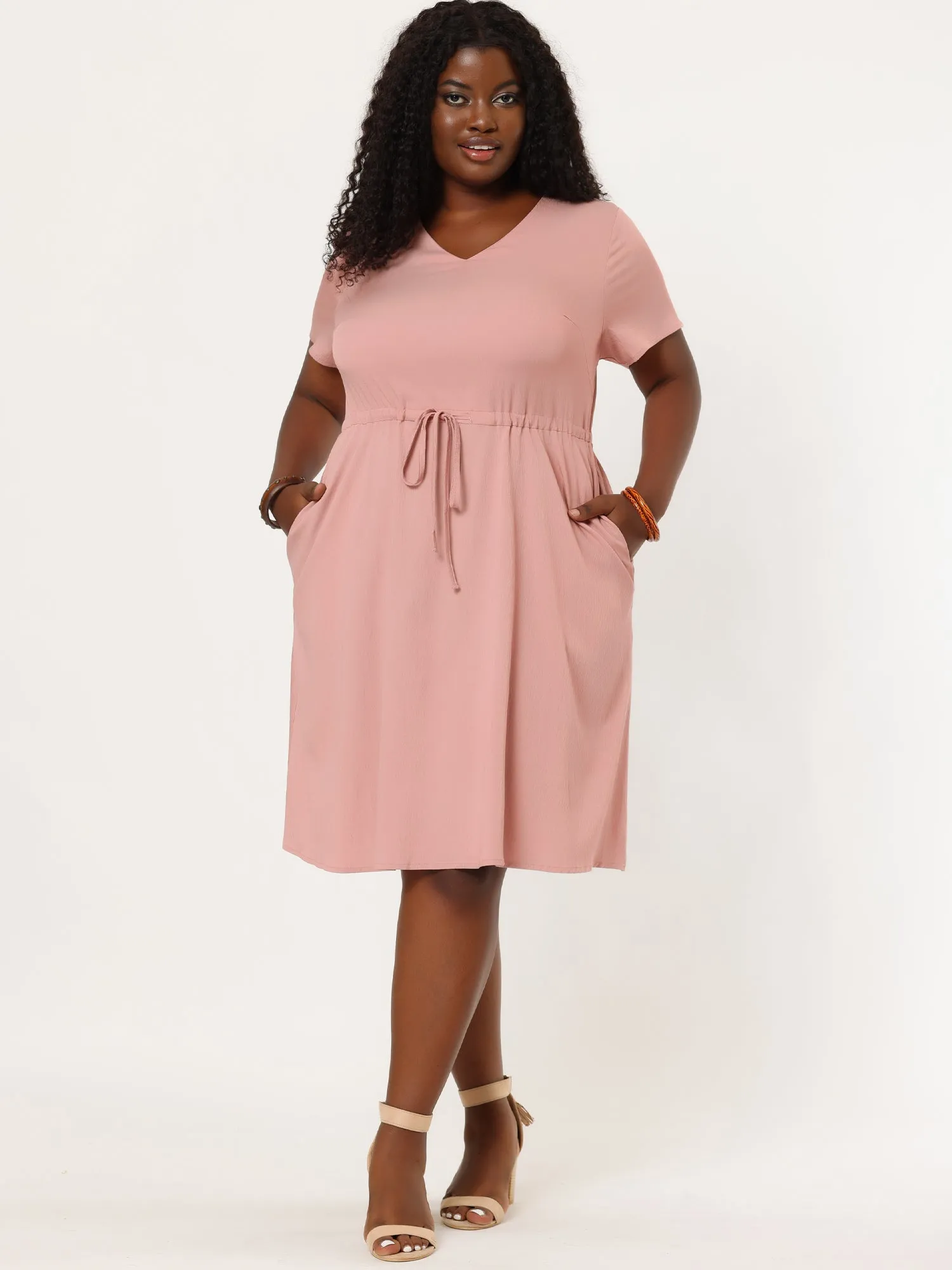 Spandex V Neck Elastic Waist Plus Size Denim Dress