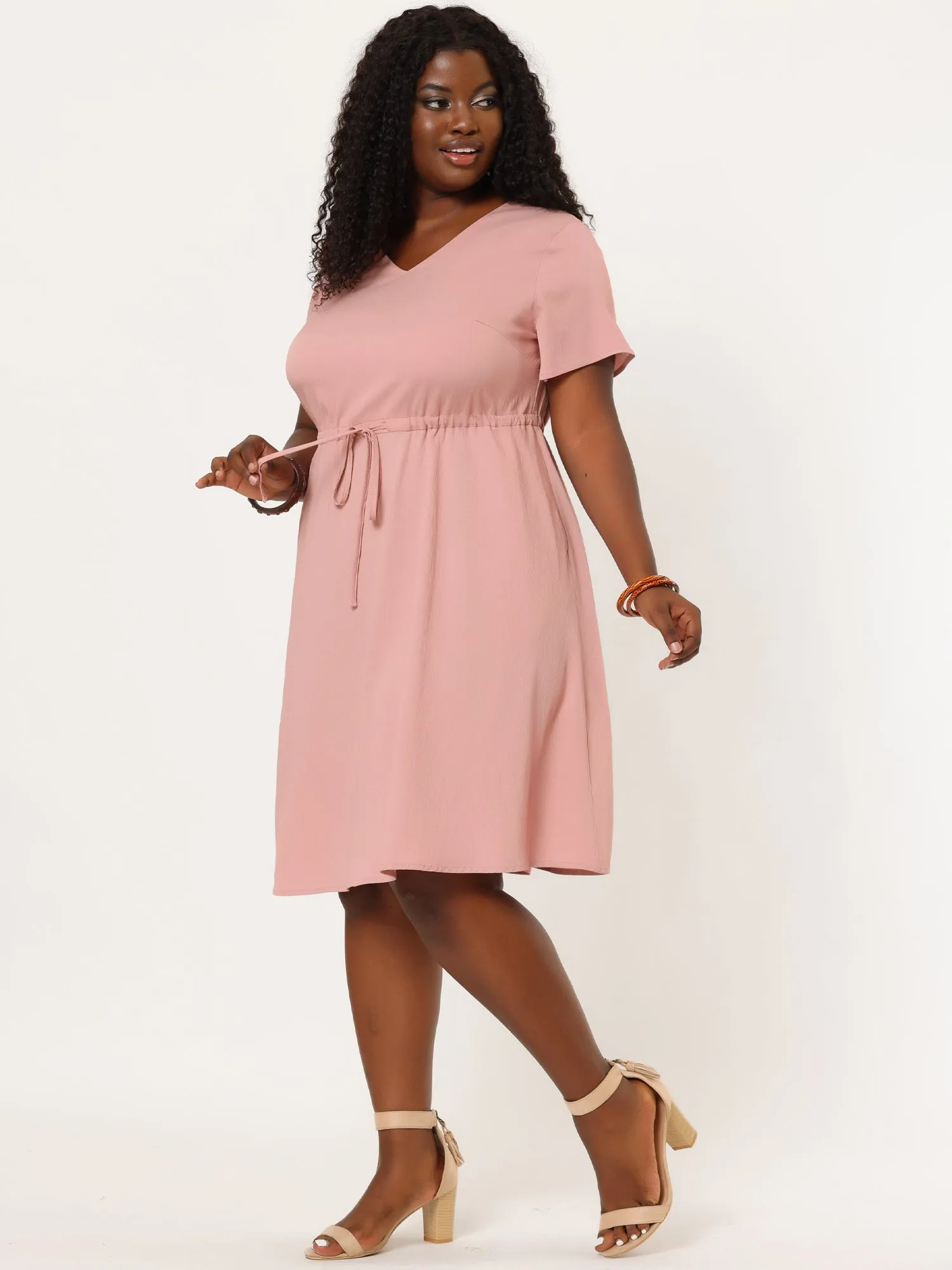Spandex V Neck Elastic Waist Plus Size Denim Dress