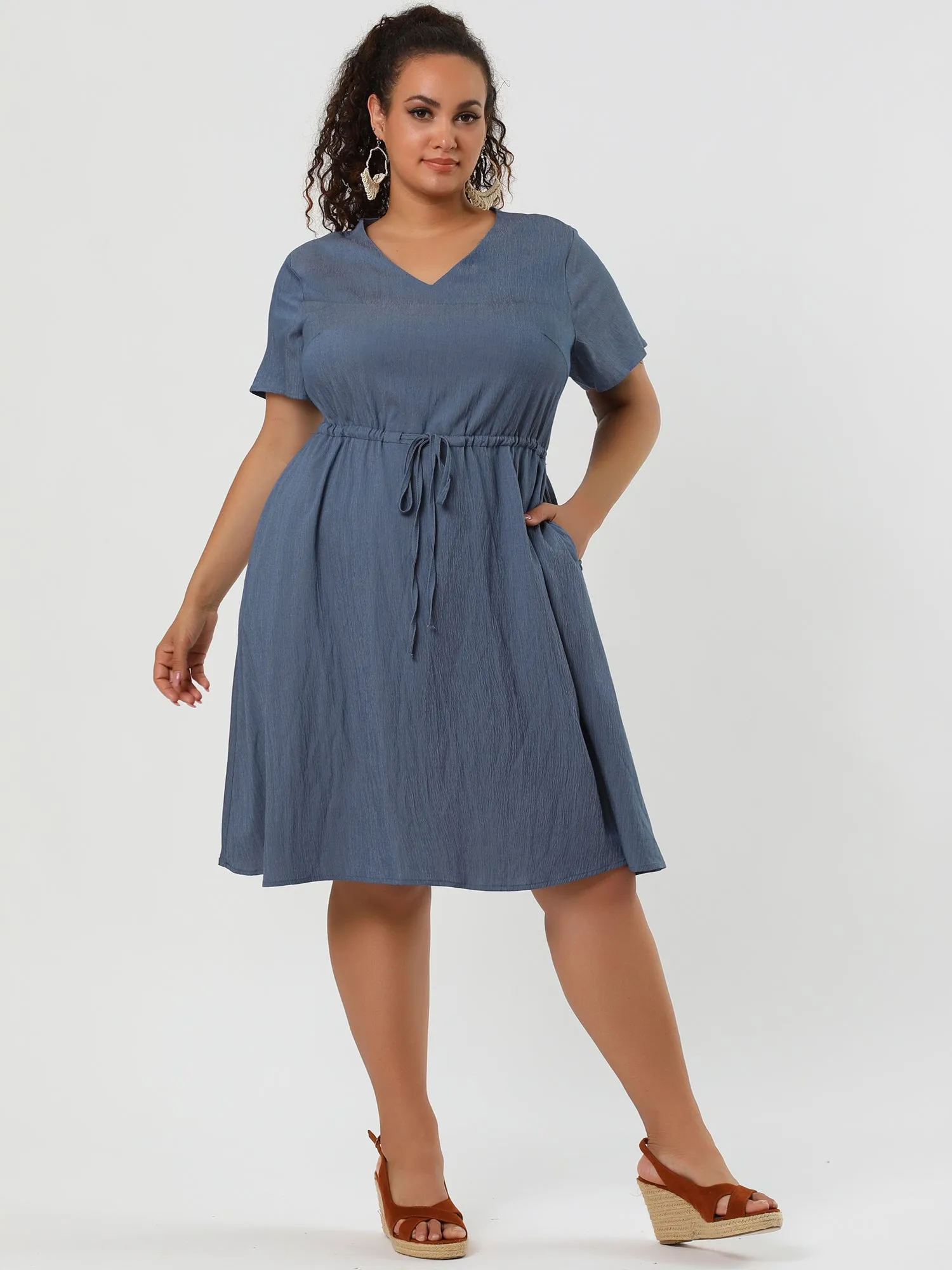 Spandex V Neck Elastic Waist Plus Size Denim Dress