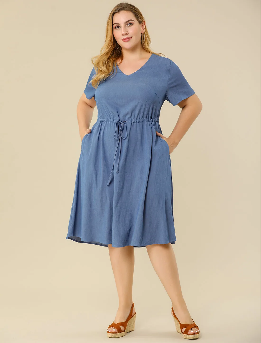 Spandex V Neck Elastic Waist Plus Size Denim Dress
