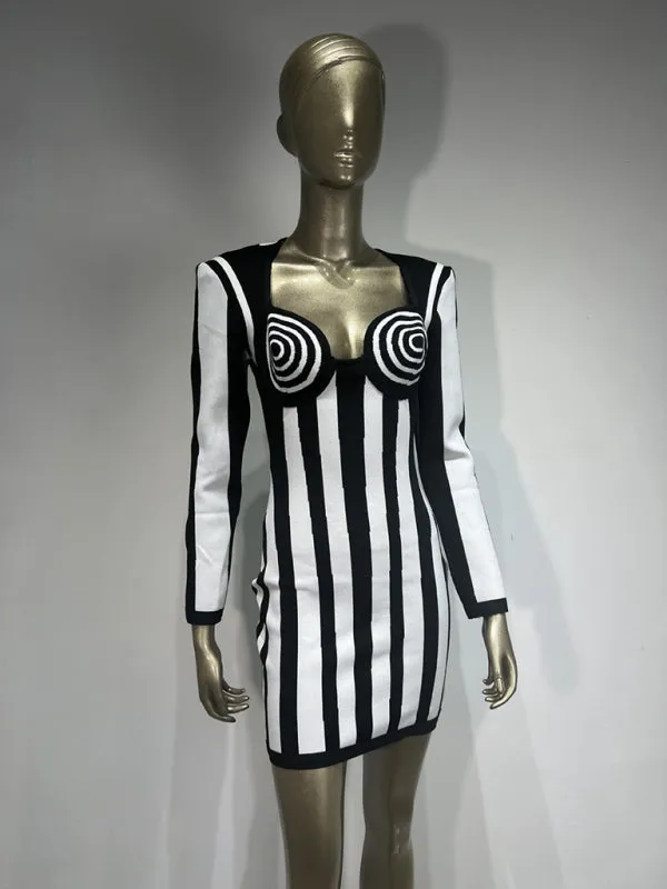 Spiral Black and White Striped Bodycon Dress