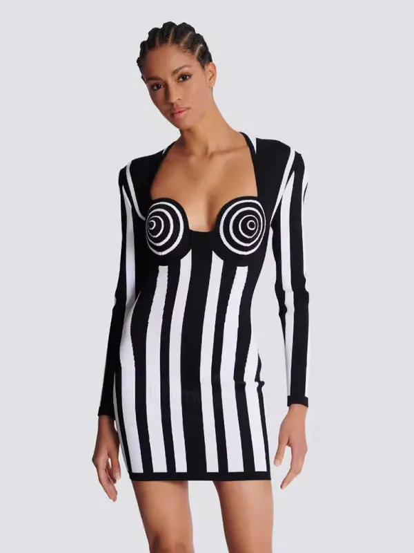 Spiral Black and White Striped Bodycon Dress