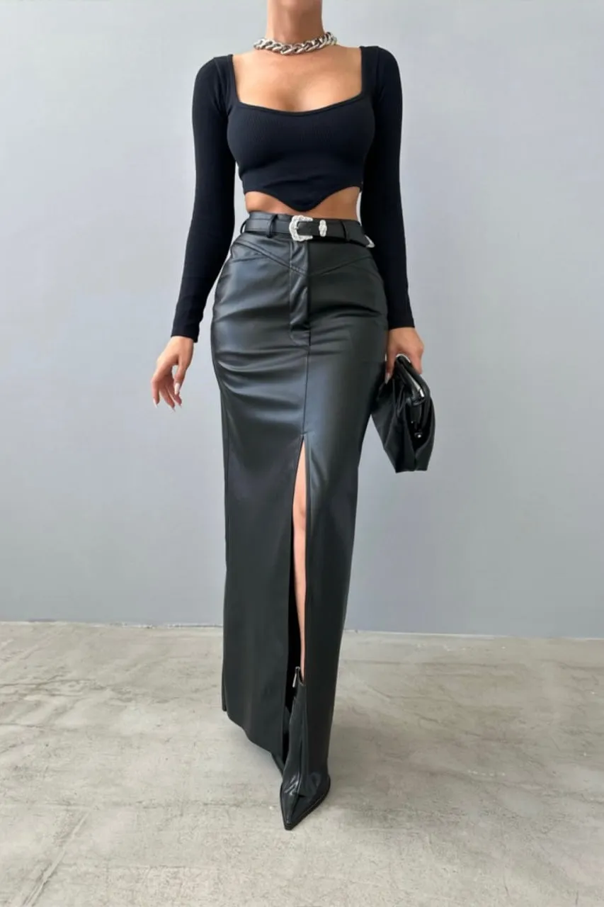 Split Faux Leather Long Skirt
