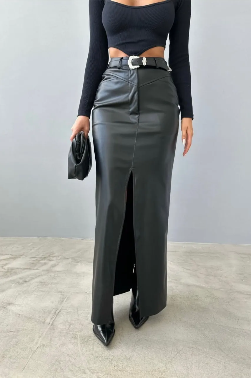 Split Faux Leather Long Skirt