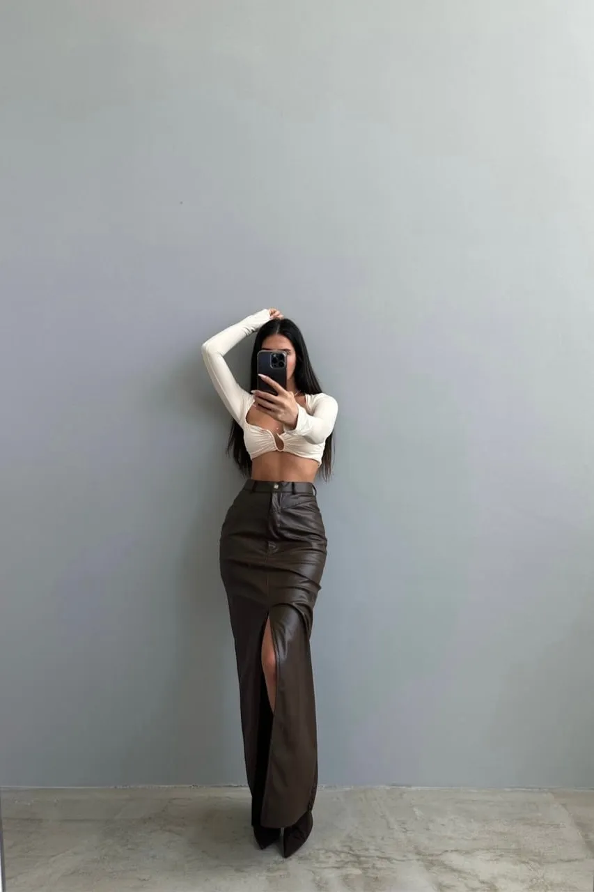 Split Faux Leather Long Skirt