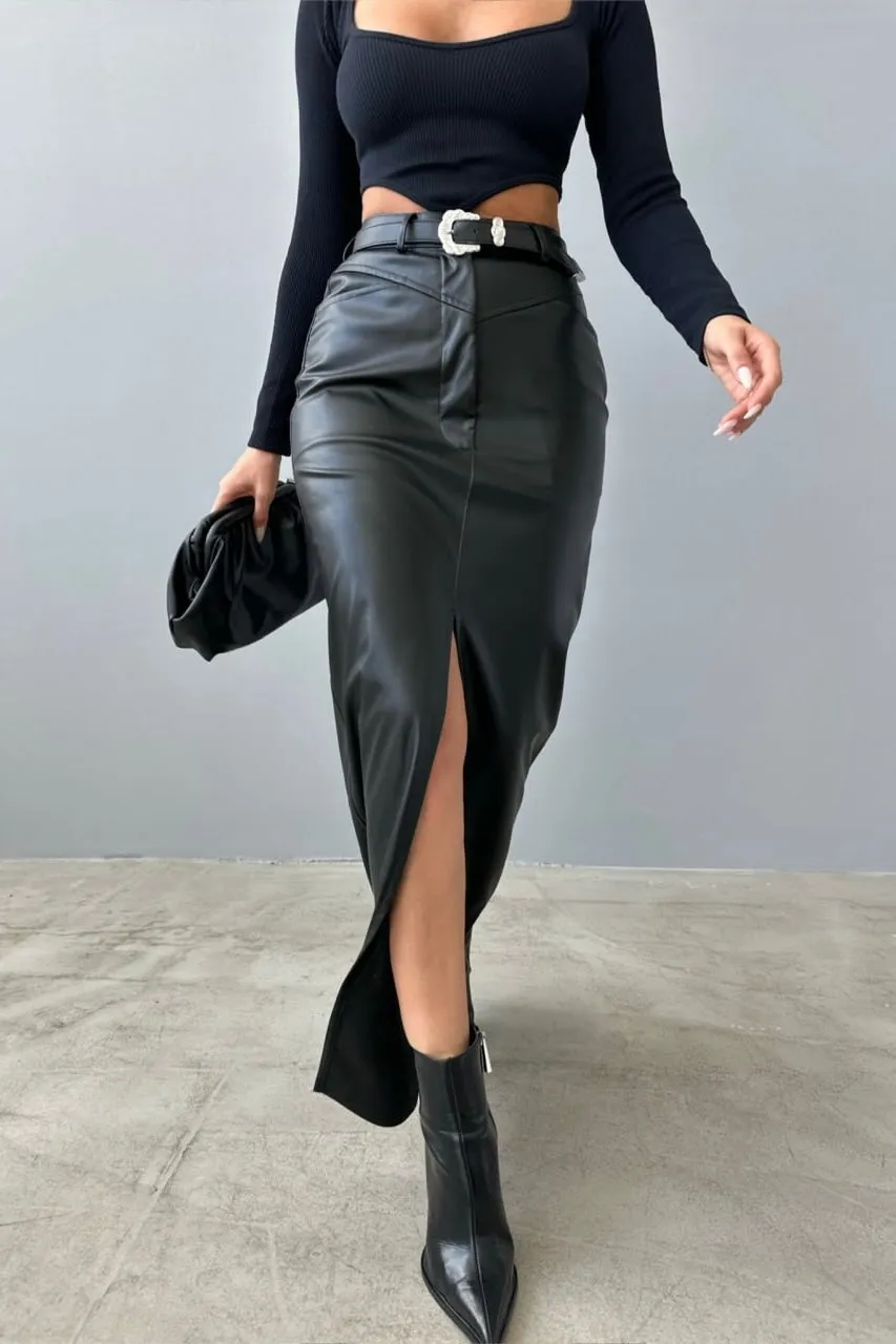 Split Faux Leather Long Skirt