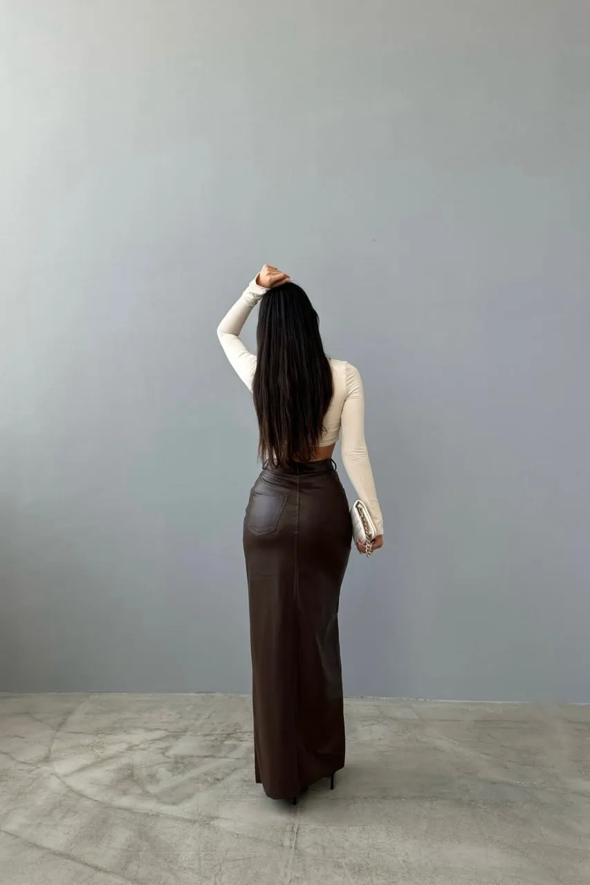 Split Faux Leather Long Skirt