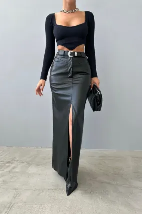 Split Faux Leather Long Skirt