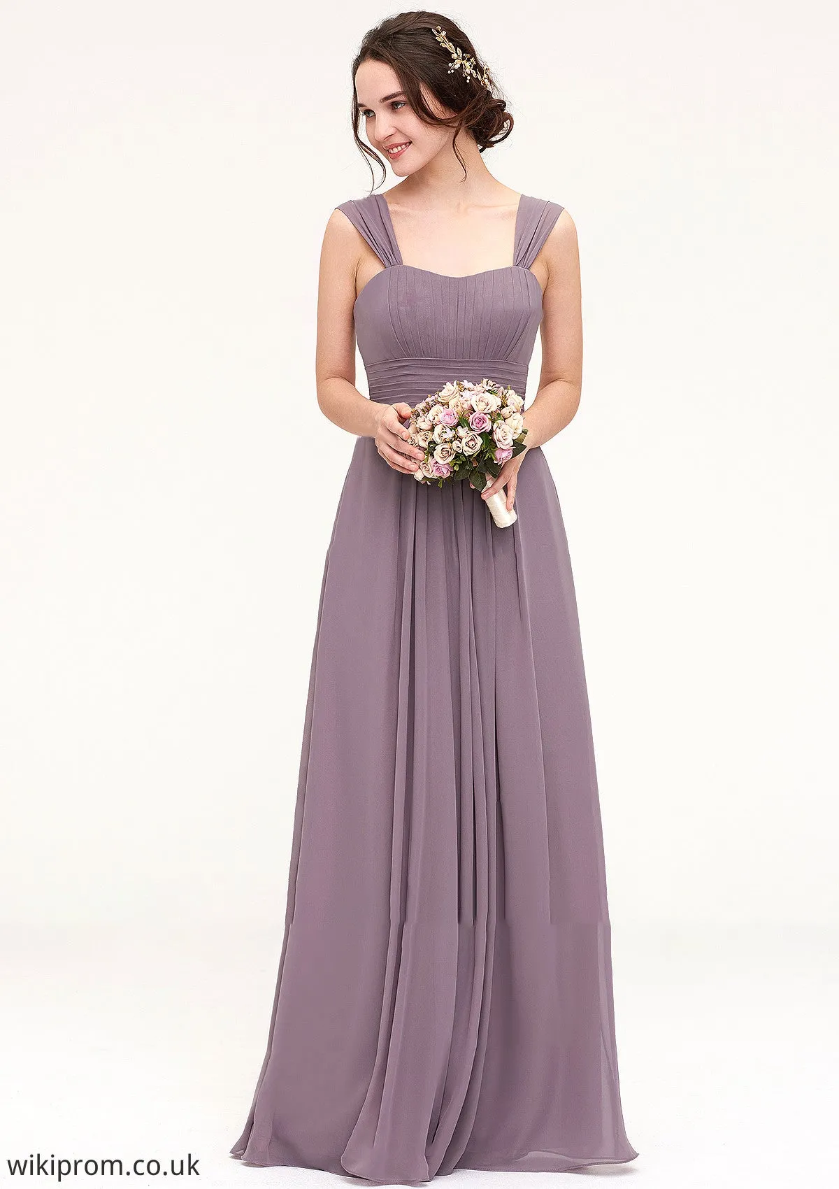 Square Neckline Sleeveless Chiffon Long/Floor-Length A-line/Princess Bridesmaid Dresses With Pleated Amara SWKP0025356