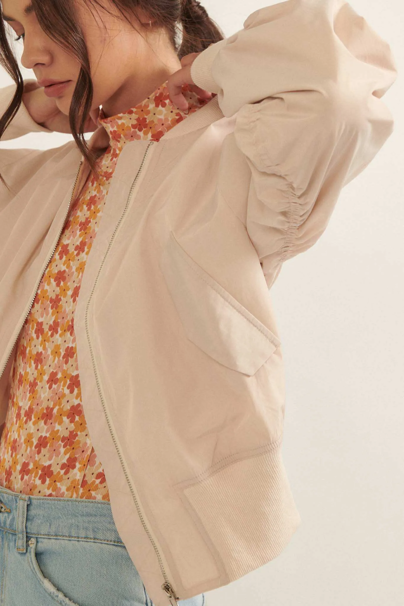 Taking Flight Ruched Bomber Jacket