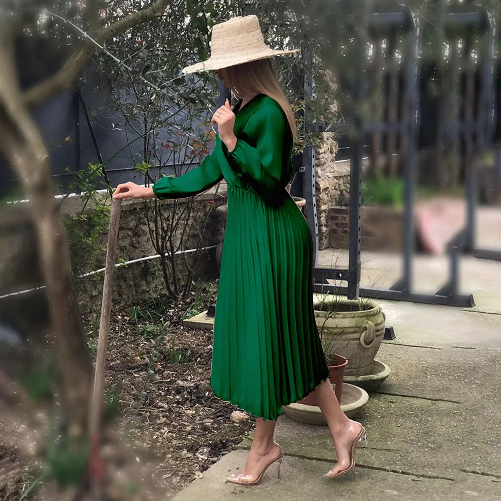 V Neck Plain Long Sleeve Pleated Dress