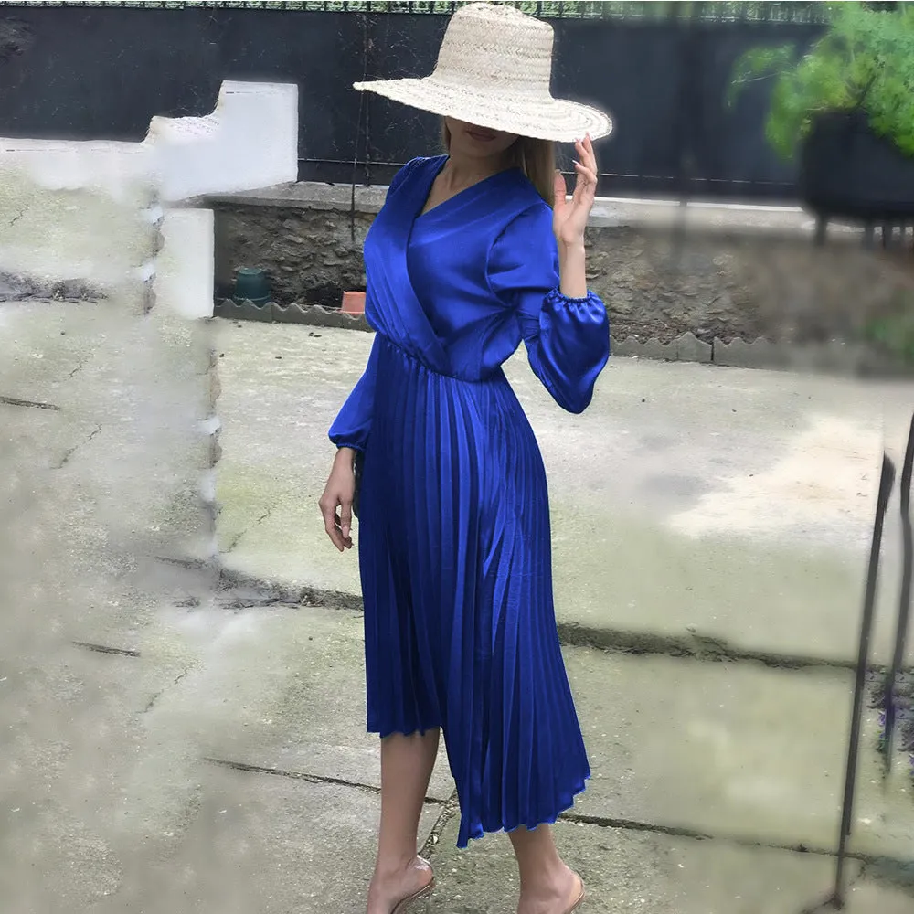 V Neck Plain Long Sleeve Pleated Dress