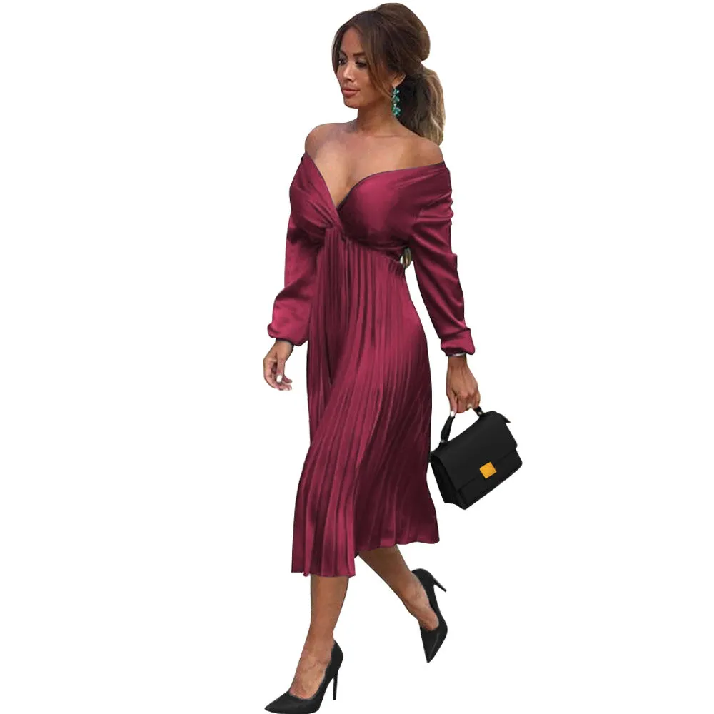 V Neck Plain Long Sleeve Pleated Dress