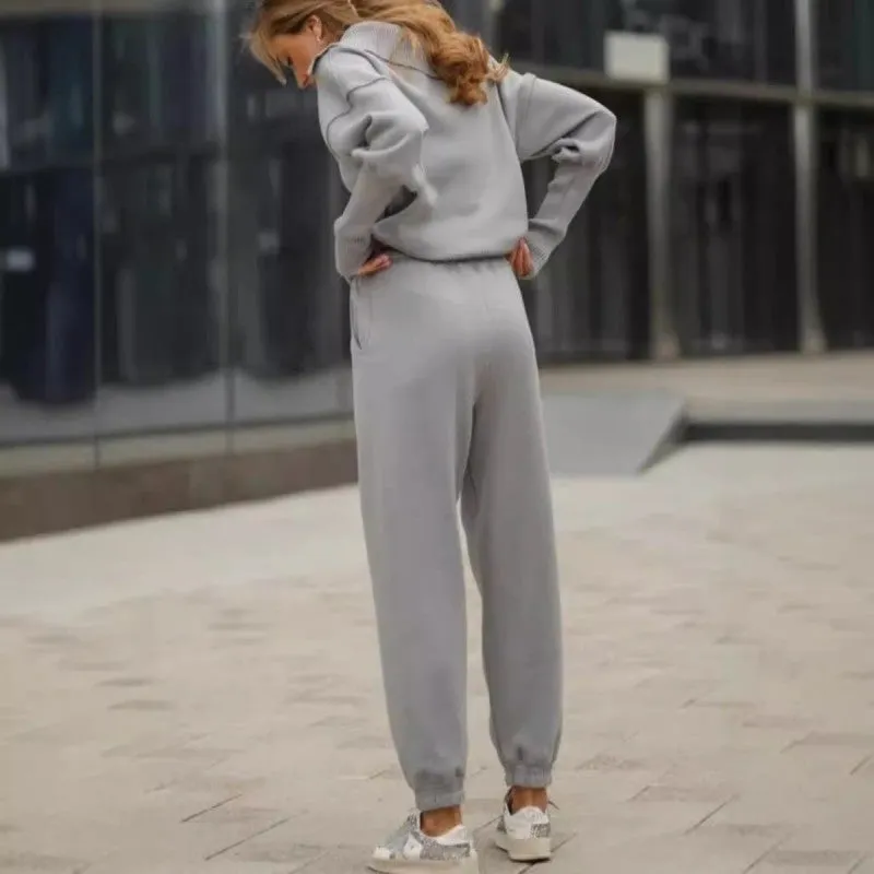 Women's Casual Sporty 2-Piece Set - Half-Zipper Lapel Top & Matching Jogger